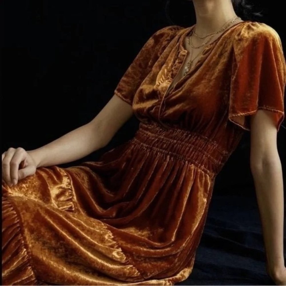 Anthropologie Velvet Midi Dress in Warm Gold